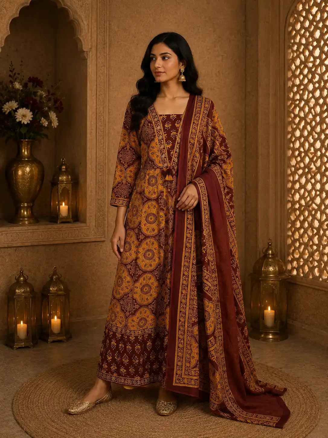 Rust Maroon Ajrakh Printed Design Cotton Anarkali Salwar Suit with Dupatta